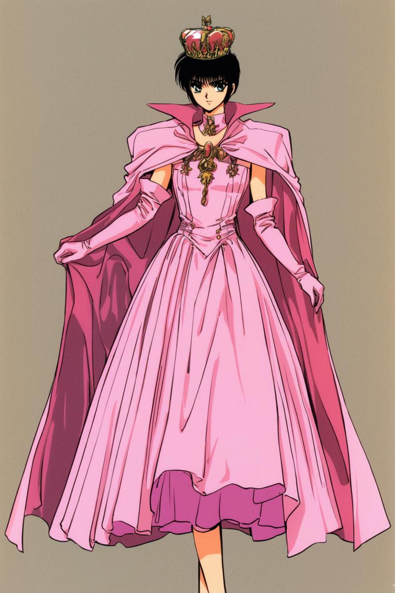 31130-2842298184-Hokuto Sumeragi,1girl,solo,crown,black hair,retro artstyle,dress,cape,gloves,pink dress,short hair,white background,elbow gloves.png